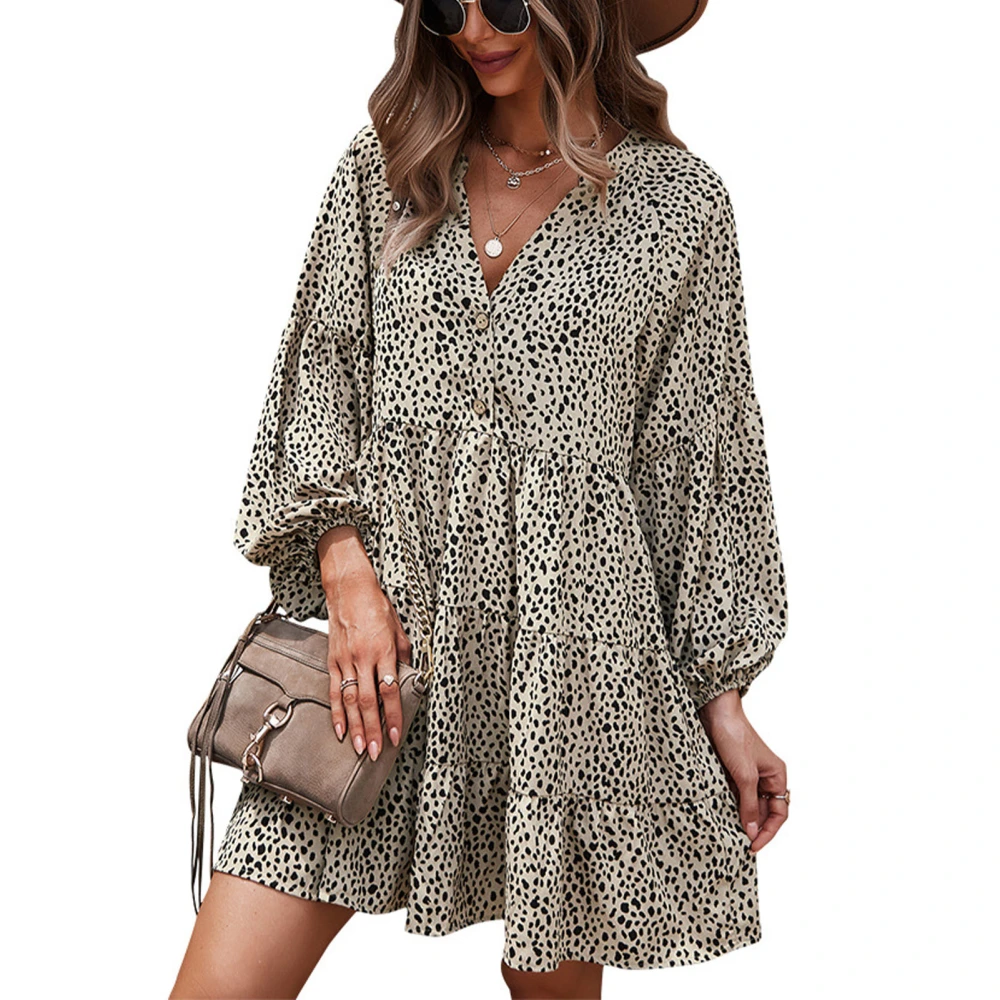 Women Summer Tunic Dress Long Drop Shoulder Sleeve V Neck Panther Print Long Sleeve Dress for Party Business Travel Khaki S