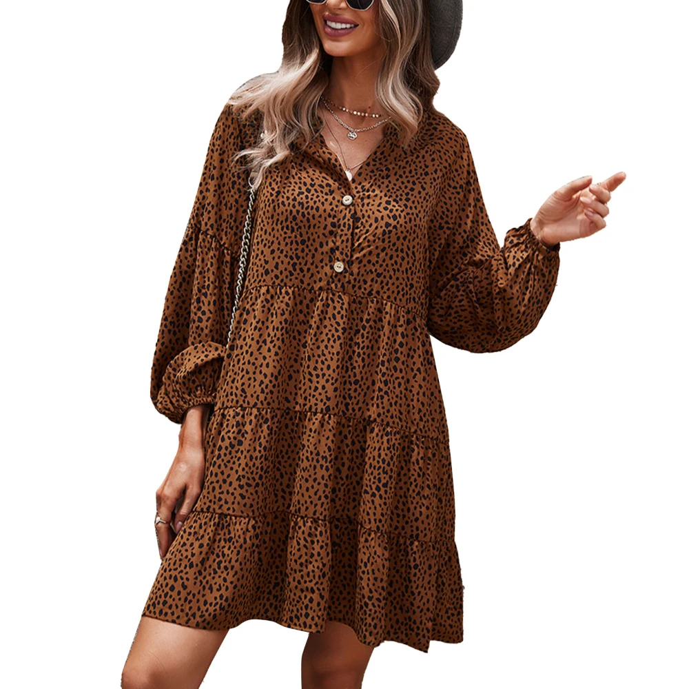 Women Summer Tunic Dress Long Drop Shoulder Sleeve V Neck Panther Print Long Sleeve Dress for Party Business Travel Brown M