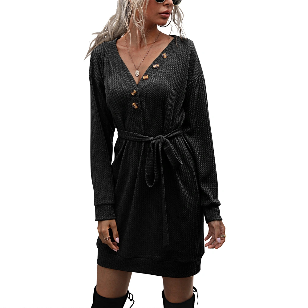 Woman V Neck Knit Sweater Dresses Long Sleeve Front Button Tie Waist Loose Fit Pullover Pencil Dress Black M