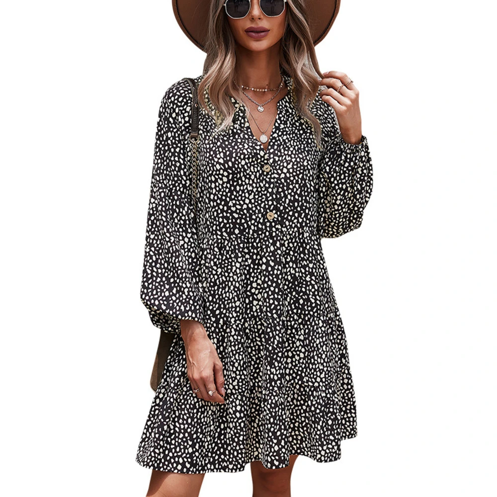 Women Summer Tunic Dress Long Drop Shoulder Sleeve V Neck Panther Print Long Sleeve Dress for Party Business Travel Black S