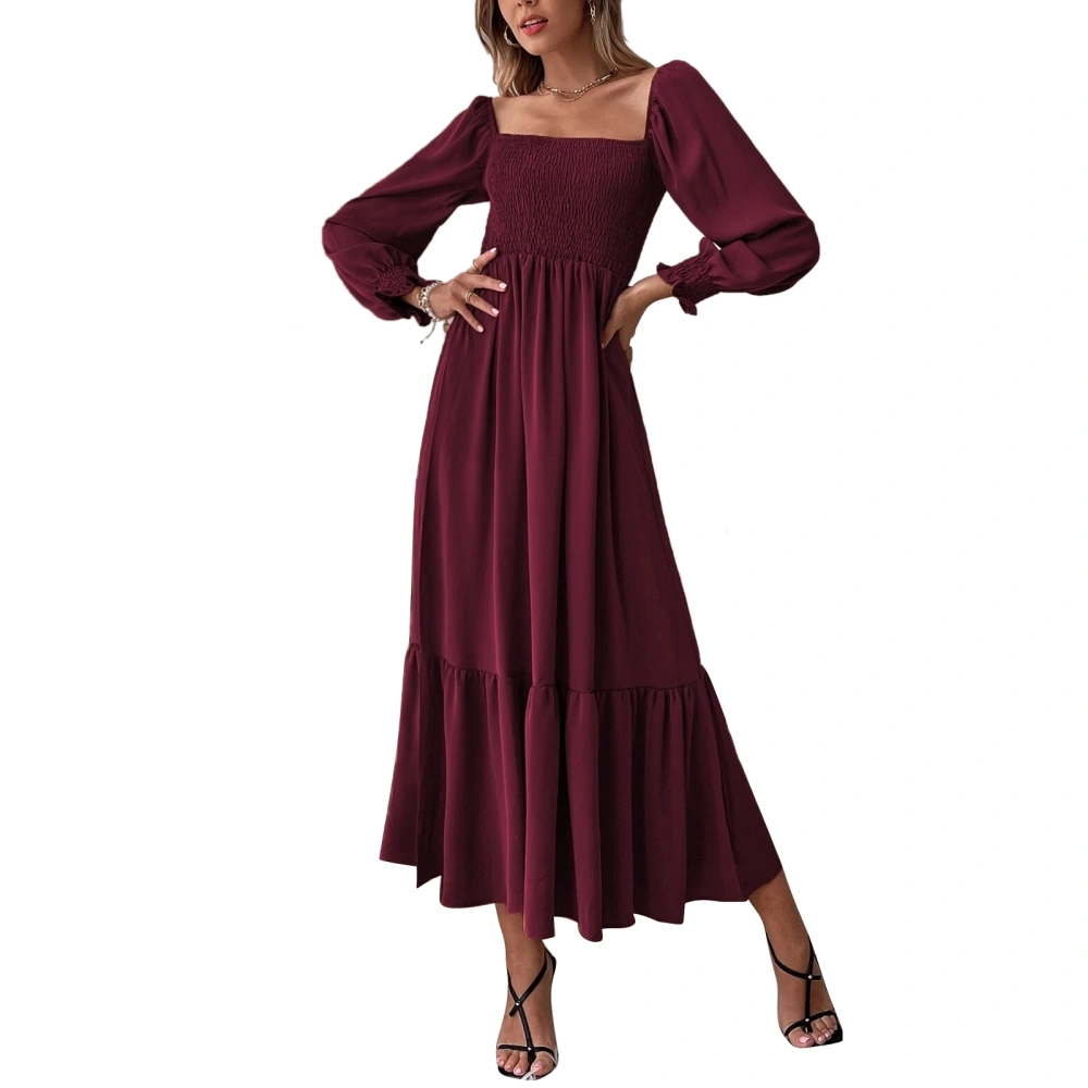 Women Maxi Dress Square Neck Stretch Bust Long Lantern Sleeves Ruffle Hem Open Back High Waist Temperament Maxi Dress Wine Red M