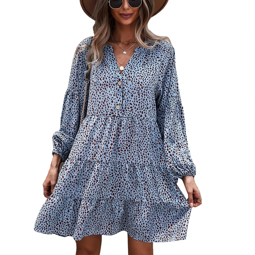 Women Summer Tunic Dress Long Drop Shoulder Sleeve V Neck Panther Print Long Sleeve Dress for Party Business Travel Blue S