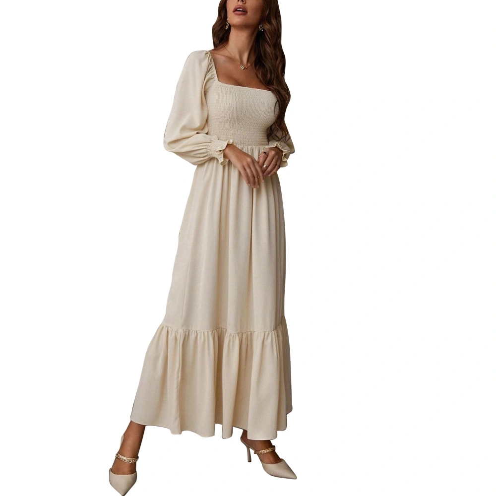 Women Maxi Dress Square Neck Stretch Bust Long Lantern Sleeves Ruffle Hem Open Back High Waist Temperament Maxi Dress Apricot XL