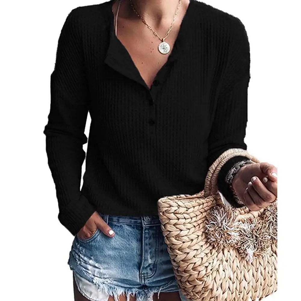 Button Up Waffle Top V Neck Breathable Knit Casual Loose Long Sleeve Tunic Top for Women Black XL