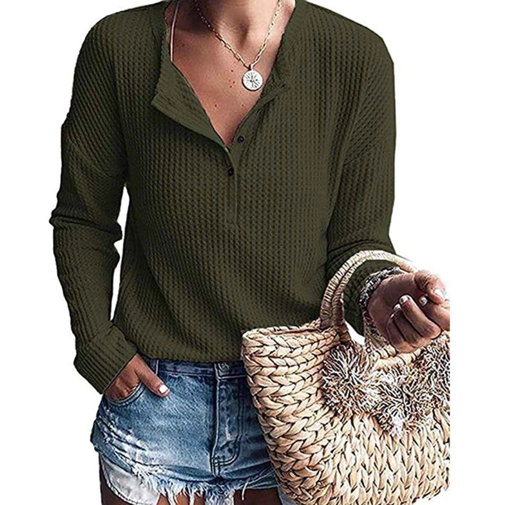 Button Up Waffle Top V Neck Breathable Knit Casual Loose Long Sleeve Tunic Top for Women OD Green XL