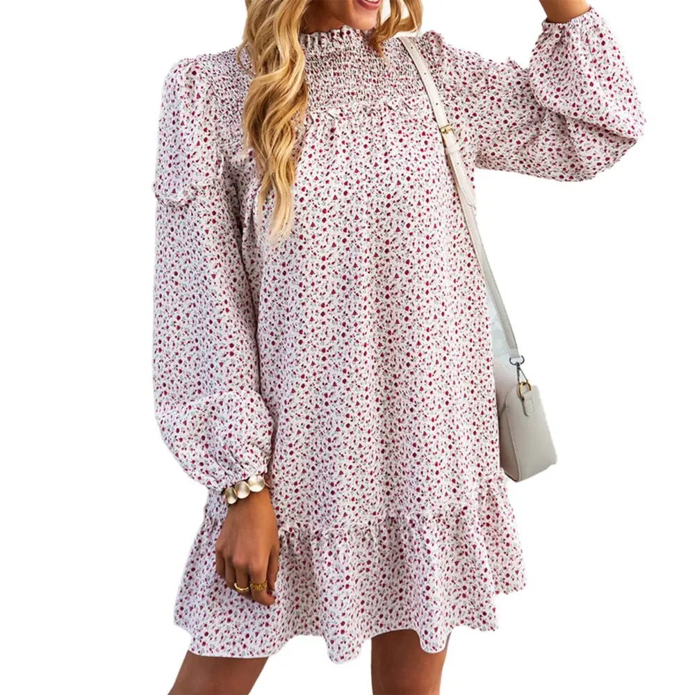 Woman Dress Casual Fashionable Loose Floral Pattern Round Neckline for Dating Work Home White L