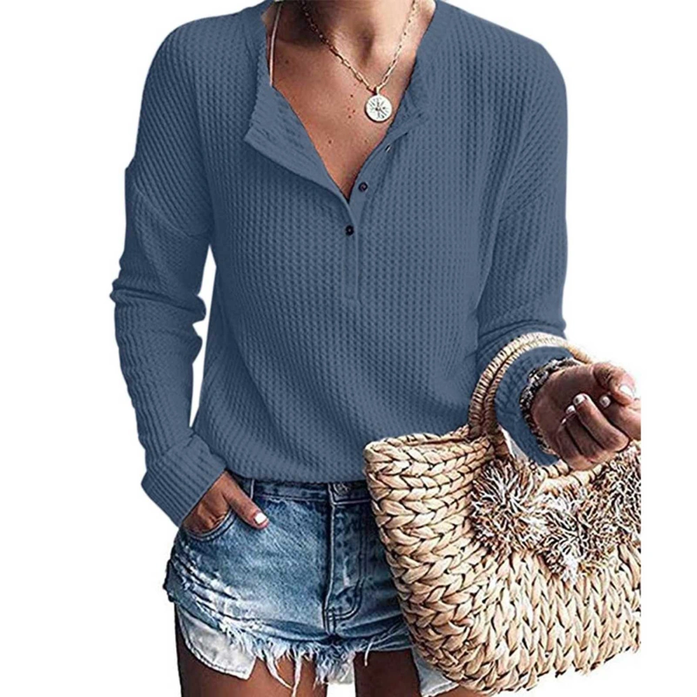 Button Up Waffle Top V Neck Breathable Knit Casual Loose Long Sleeve Tunic Top for Women Denim Blue L