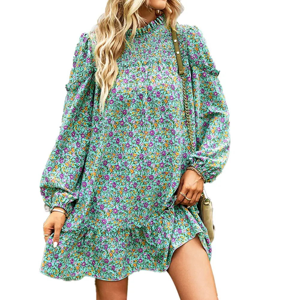 Woman Dress Casual Fashionable Loose Floral Pattern Round Neckline for Dating Work Home Green M