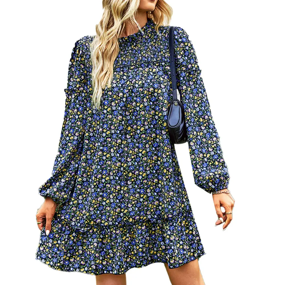 Woman Dress Casual Fashionable Loose Floral Pattern Round Neckline for Dating Work Home Black XL