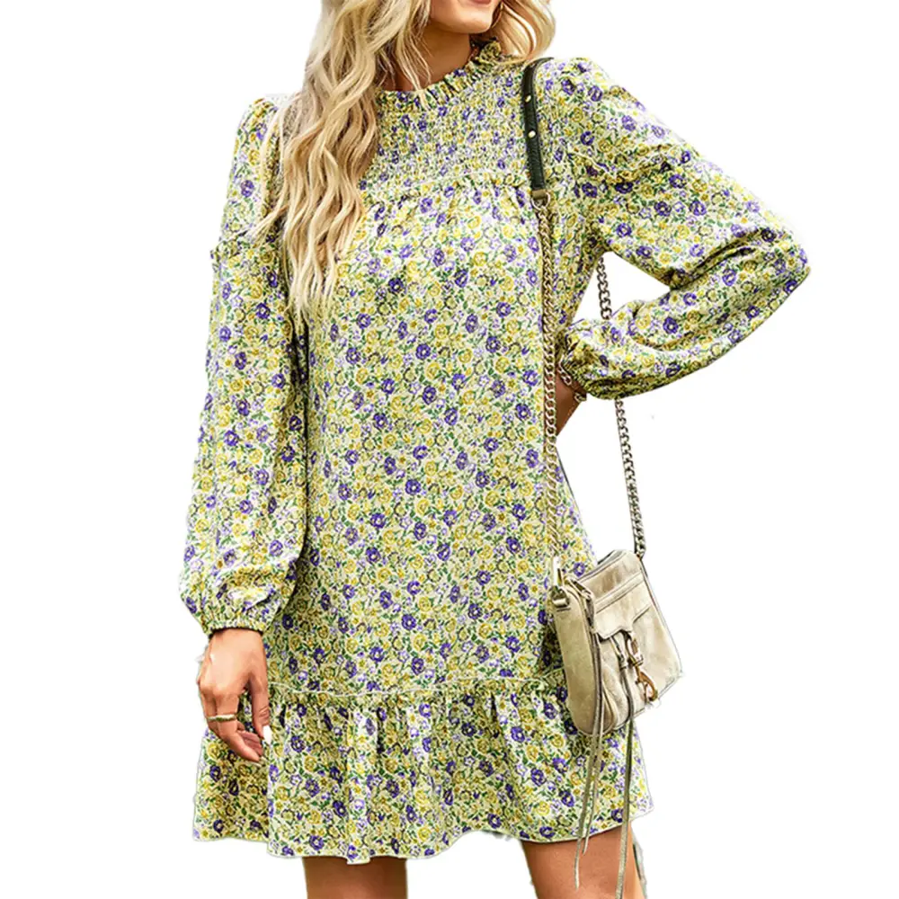 Woman Dress Casual Fashionable Loose Floral Pattern Round Neckline for Dating Work Home Apricot M