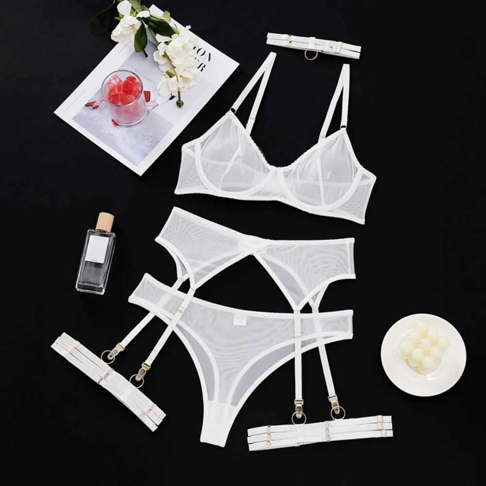 6pcs Set Women Underwire Bra Set Sheer Mesh Bra Panty Set Adjustable Choker Garter Belt Thigh Bands White XL