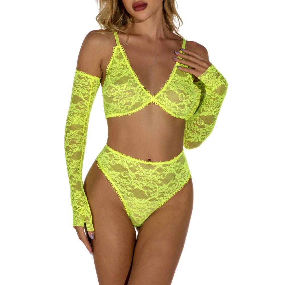 Lace Bra Panty Set V Neck Ultra Thin Slim Three Piece Lace Underwear Set with Sleeves for Women Lady Fluorescent Colour XXL