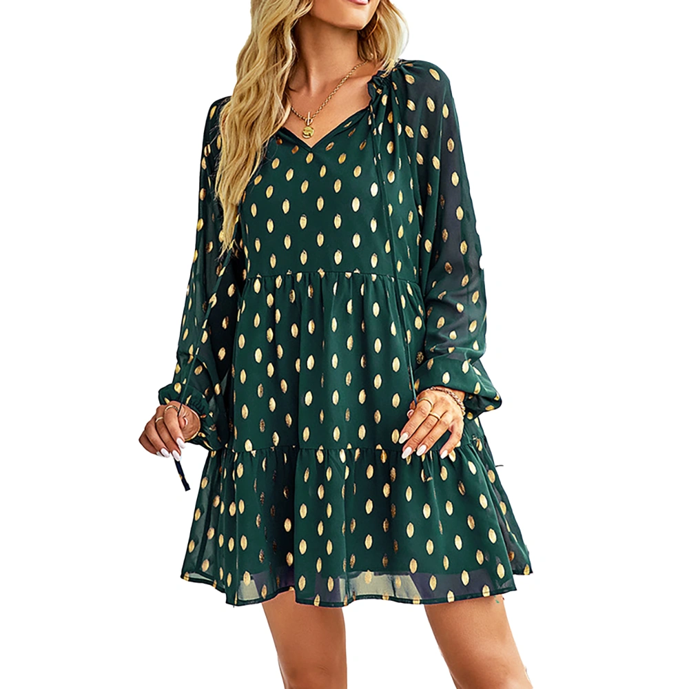 Womens Dot Chiffon Dress Fashionable Casual Waist Slim Fit Long Sleeve Polka Dot Dress for Spring Autumn Dark Green M