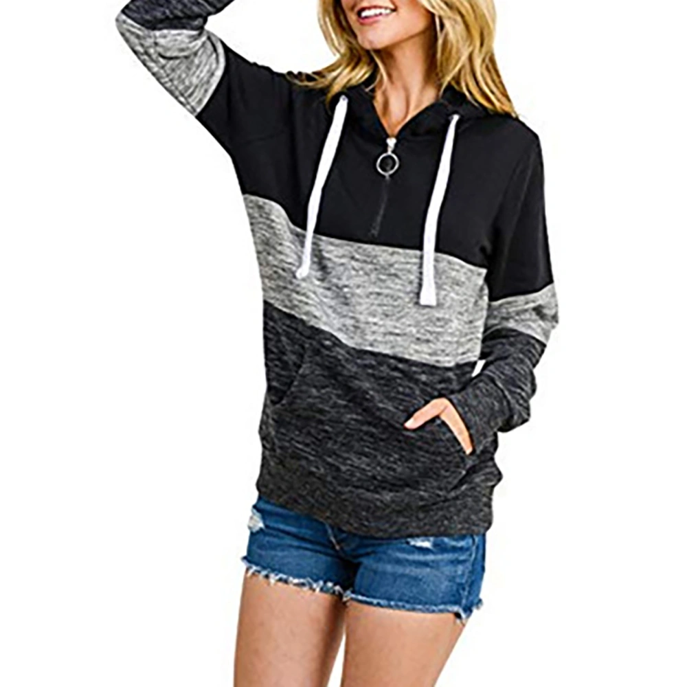 Women Hoodie Soft Polyester Fiber Ventilate Loose Color Block 1/4 Zipper Hooded Sweater for Girls Women Daily Work Party Black L