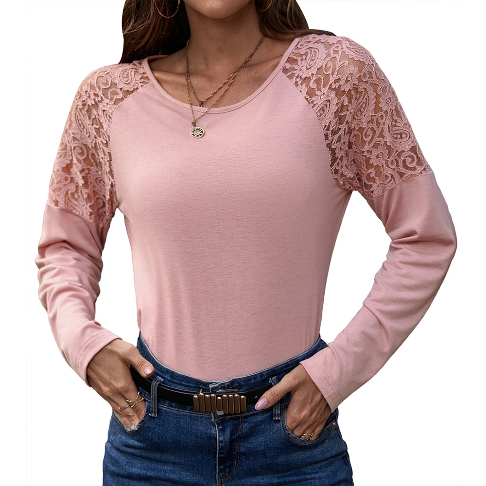 Women Long Sleeve Shirt Casual Lace Loose Round Neck Blouse Top Comfortable for Daily Wear Pink M