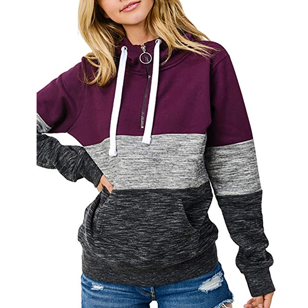 Women Hoodie Soft Polyester Fiber Ventilate Loose Color Block 1/4 Zipper Hooded Sweater for Girls Women Daily Work Party Wine Red XL