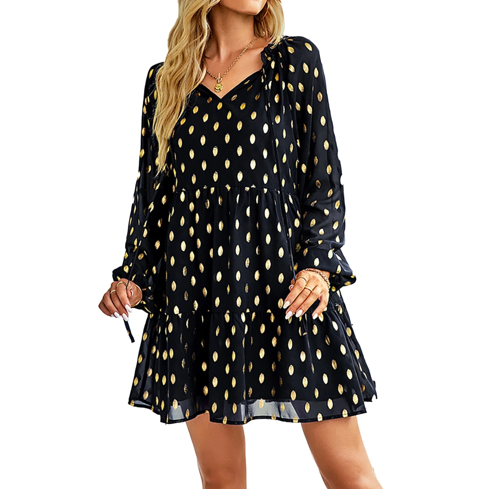 Womens Dot Chiffon Dress Fashionable Casual Waist Slim Fit Long Sleeve Polka Dot Dress for Spring Autumn Black M