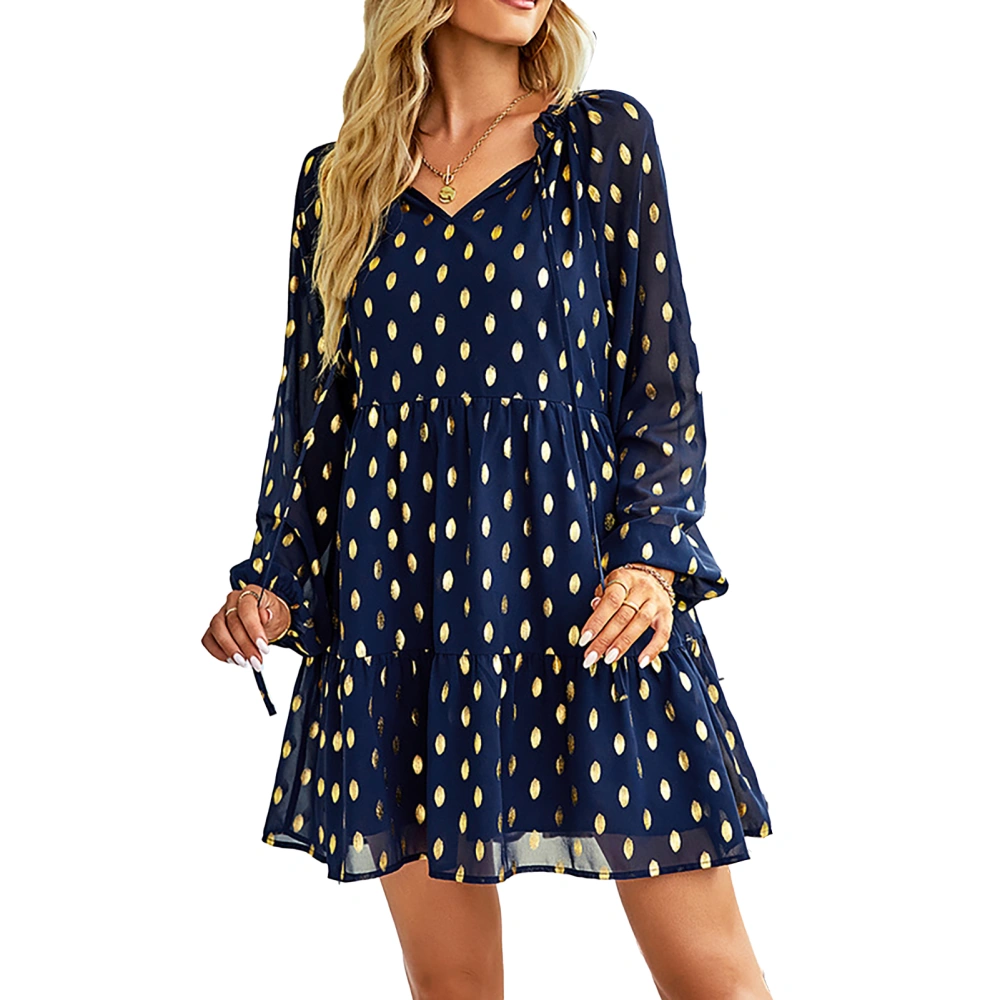 Womens Dot Chiffon Dress Fashionable Casual Waist Slim Fit Long Sleeve Polka Dot Dress for Spring Autumn Dark Blue S