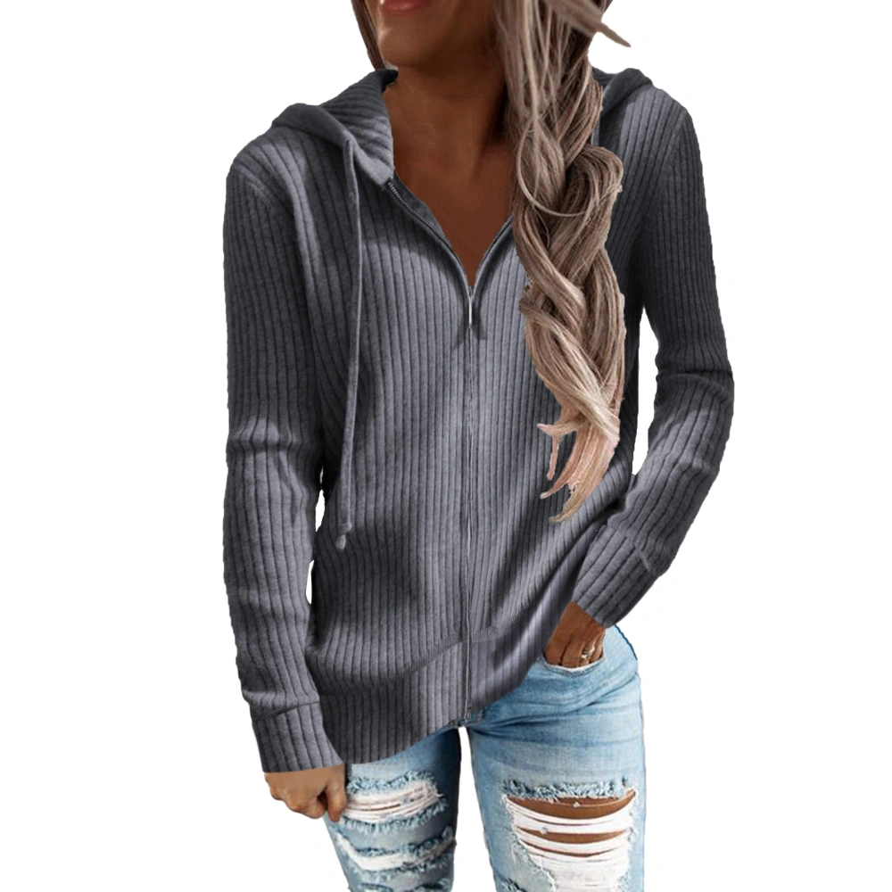 Rib Knit Long Sleeve Hoodies Women Loose Casual Pure Color Zip Up Drawstring Cardigan Sweater Outwear Coat Blue Grey L