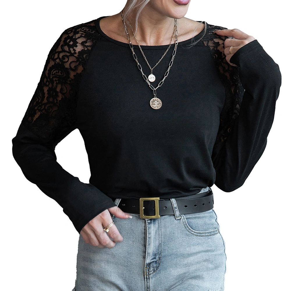 Women Long Sleeve Shirt Casual Lace Loose Round Neck Blouse Top Comfortable for Daily Wear Black L