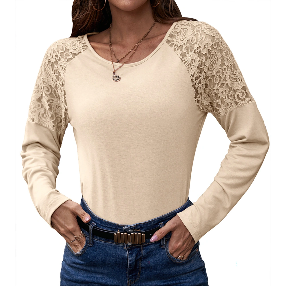 Women Long Sleeve Shirt Casual Lace Loose Round Neck Blouse Top Comfortable for Daily Wear Apricot L