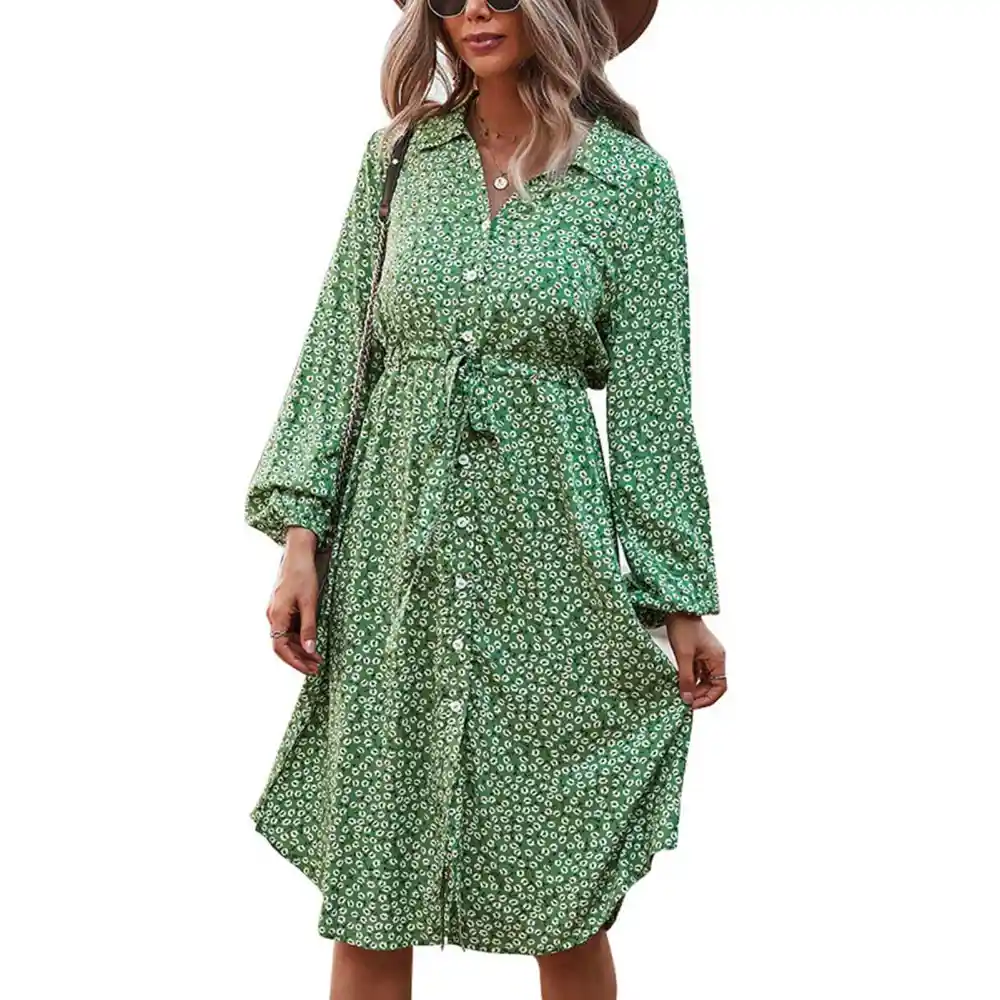 A Line Dress Long Lantern Sleeve Lapel Button Floral Print Elastic Drawstring Waist Dress for Women Green L