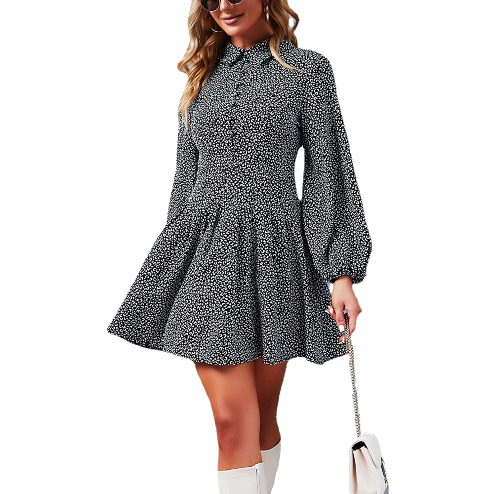 Dress Long Lantern Sleeve Flounce Lapel Button Pure Color Comfortable Fashionable Dress for Women Black M