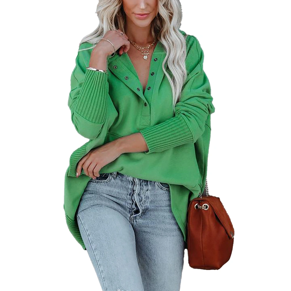 Women Button Front V Neck Sweatshirt Hooded Sweatshirt Casual Rib Cuff Loose Fit Sweatshirt Green M