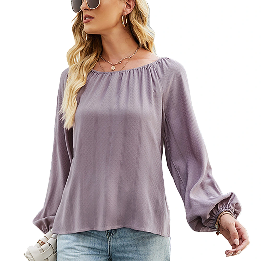 Shirt Long Puff Sleeve Pure Color Elastic Neck Loose Hem Side Slit Casual Tops for Women Purple L