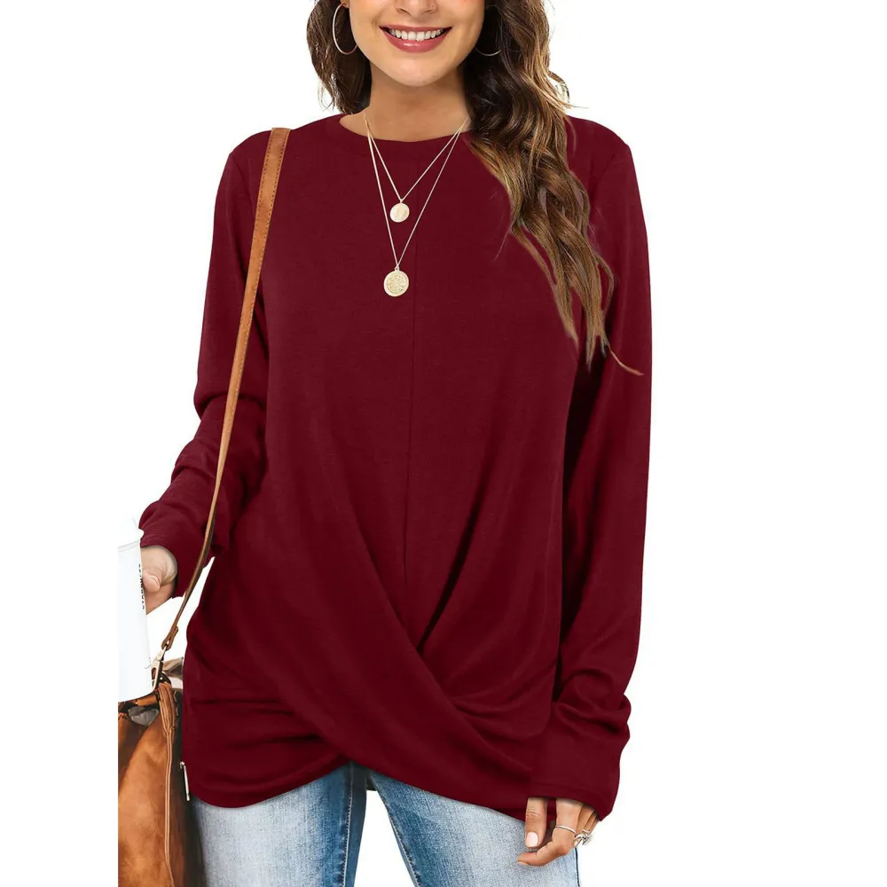 Blouse Long Sleeve Round Neck Pure Color Twist Knot Casual Comfortable Tops for Women Wine Red S