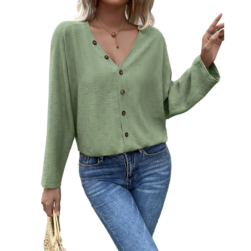 V Neck Button Down Long Sleeve T Shirt Solid Color Loose Hem Women Gifts for Party Shopping Work Green L