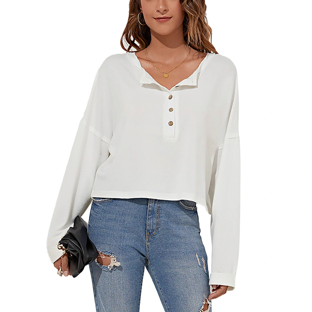 Short Blouse Long Sleeve Lapel Button Single Breasted Pure Color Loose Hem Tops for Women White L