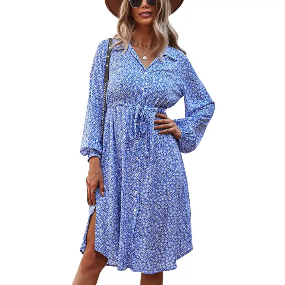 A Line Dress Long Lantern Sleeve Lapel Button Floral Print Elastic Drawstring Waist Dress for Women Blue S