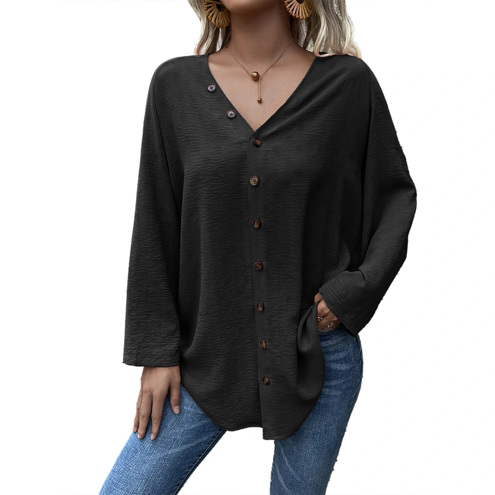 V Neck Button Down Long Sleeve T Shirt Solid Color Loose Hem Women Gifts for Party Shopping Work Black S