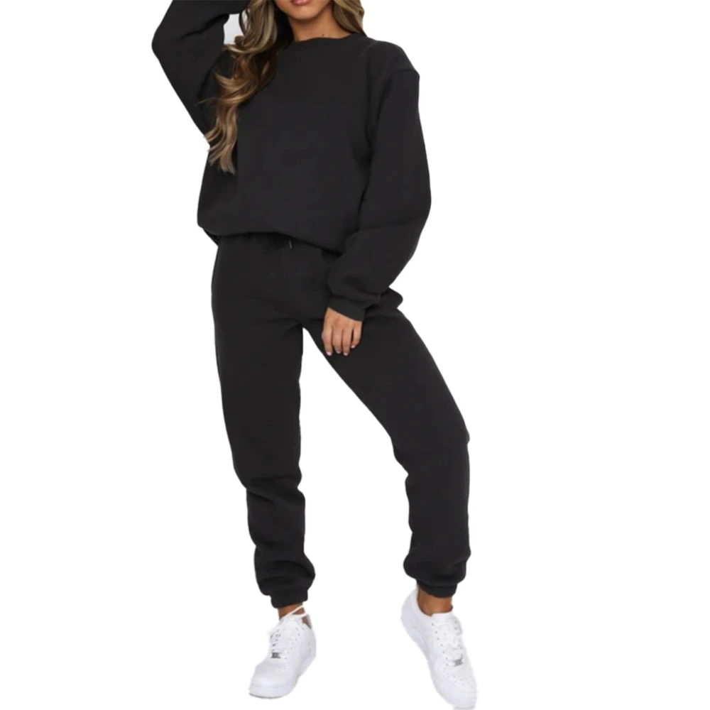 Women Sweatshirt Suit Pure Color Long Sleeve Crewneck Drawstring Closure Elasticated Waist Pants Outfit with Pockets Black M