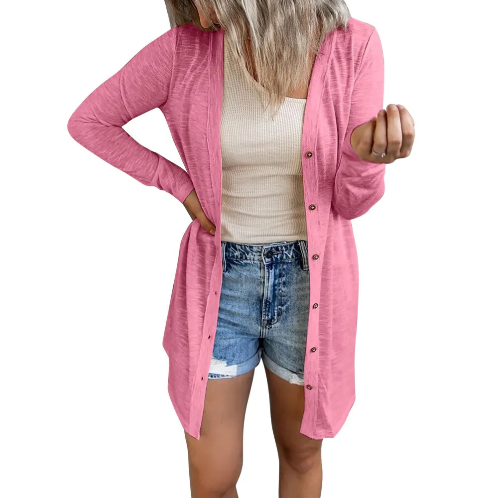 Open Front Cardigan Long Sleeve Button Pure Color Single Breasted Lightweight Tops for Women Pink M