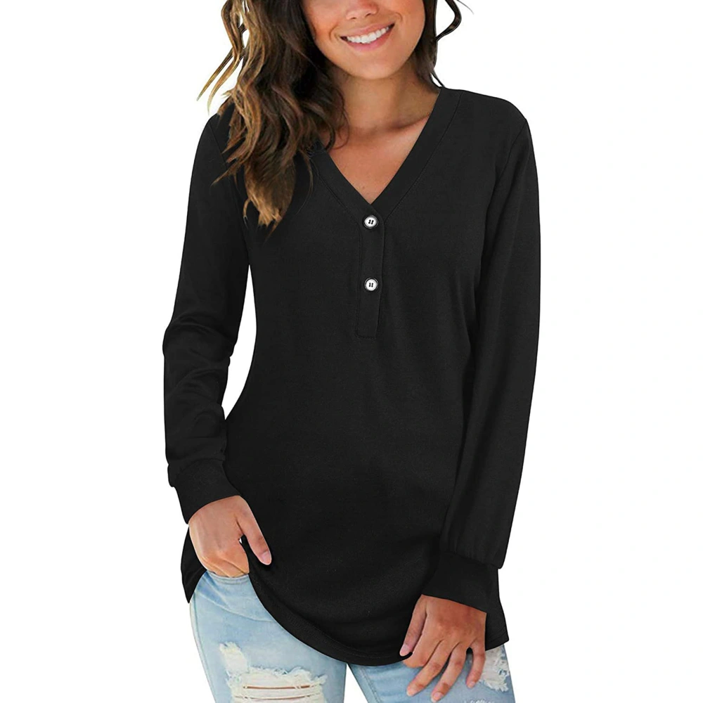 V Neck Button Up Pure Color Top Long Sleeve Casual Loose Machine Washable Sweatshirt for Shopping Black M