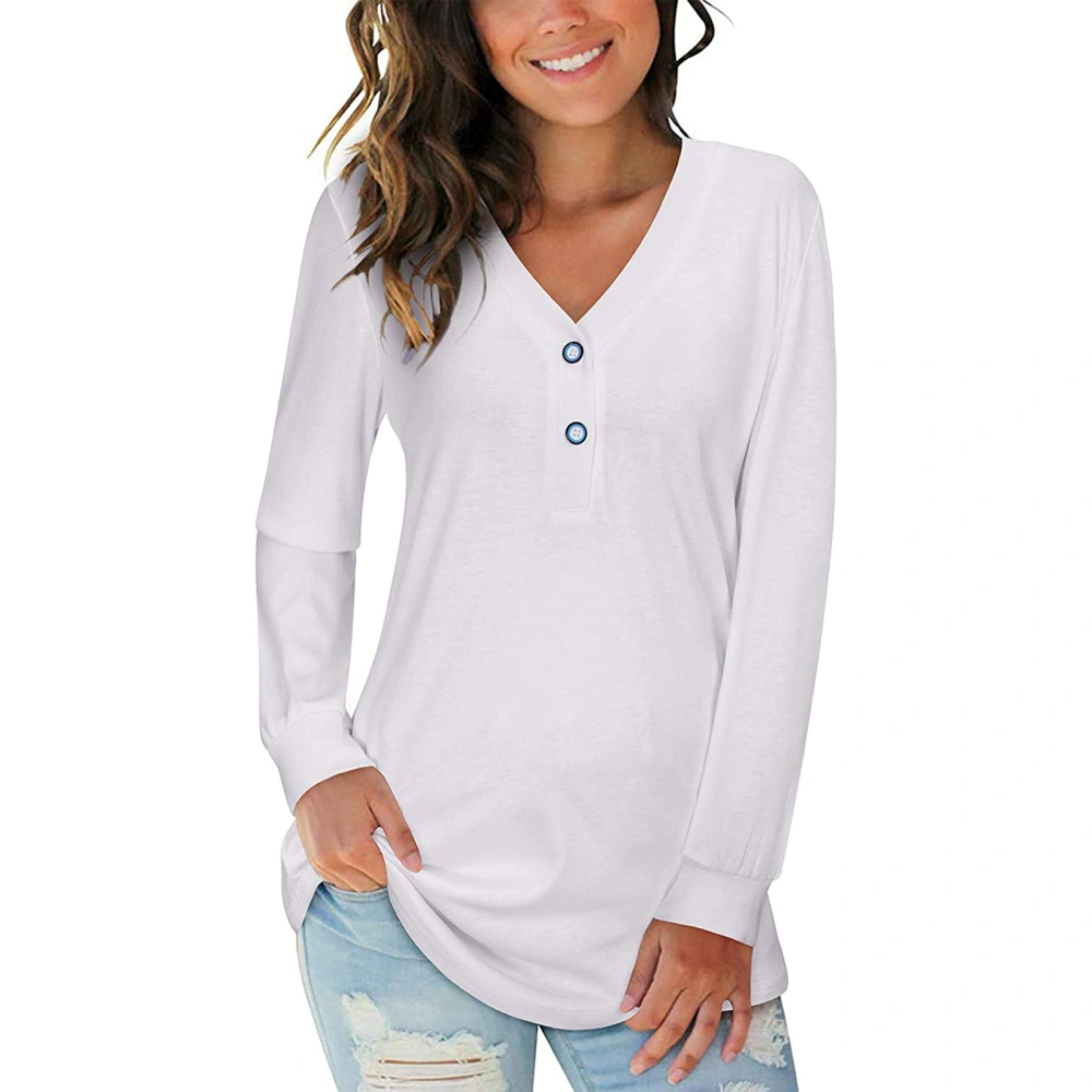 V Neck Button Up Pure Color Top Long Sleeve Casual Loose Machine Washable Sweatshirt for Shopping White M