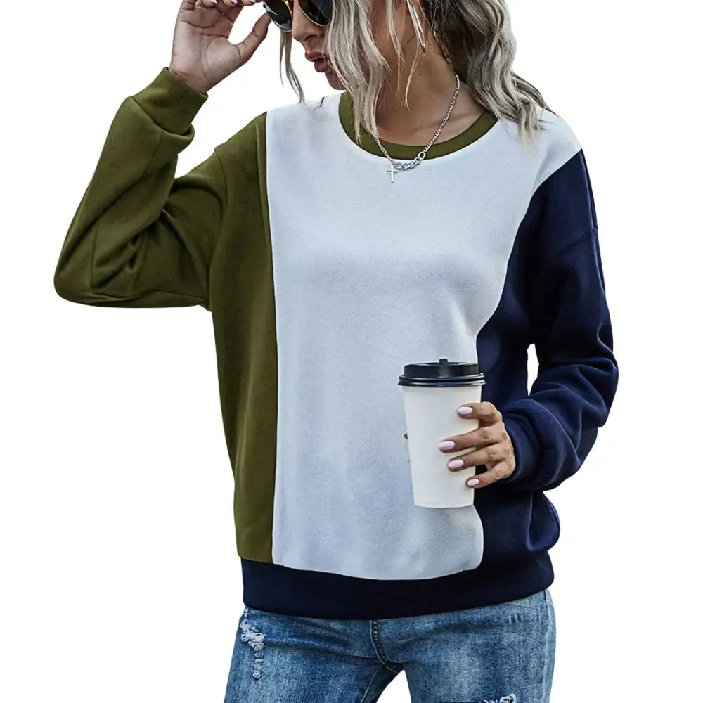 Women Casual Pullover Top Round Neck Drop Shoulder Long Sleeve Color Block Pullover Sweatshirt for Autumn Winter Green and Navy Blue XL