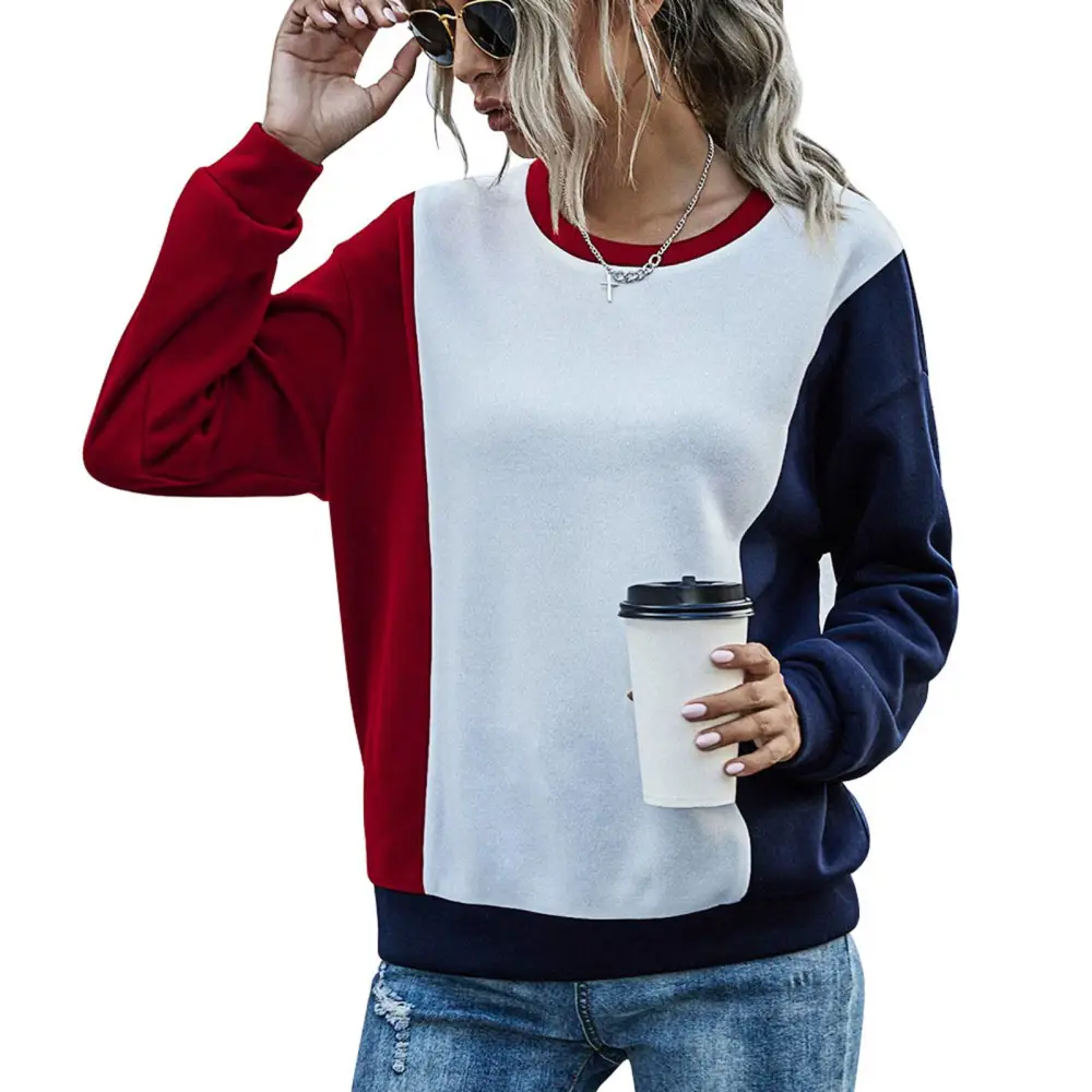 Women Casual Pullover Top Round Neck Drop Shoulder Long Sleeve Color Block Pullover Sweatshirt for Autumn Winter Wine Red and Navy Blue M