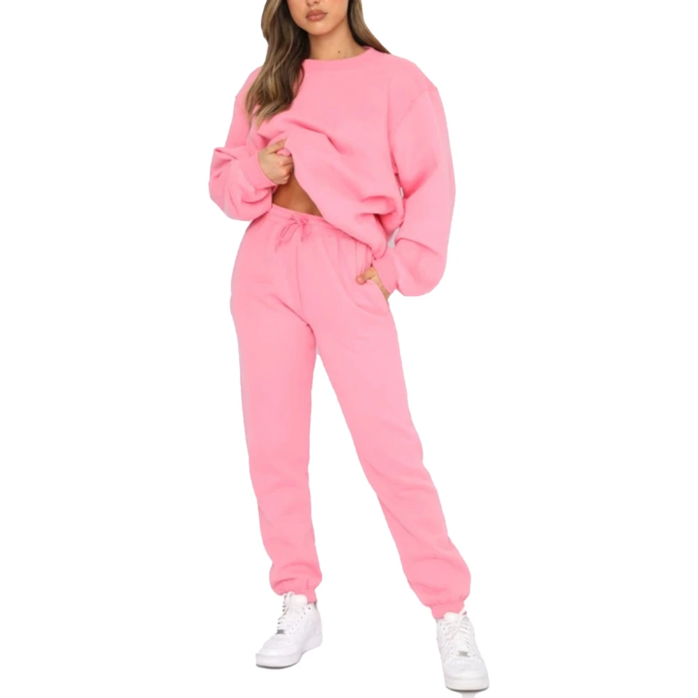 Women Sweatshirt Suit Pure Color Long Sleeve Crewneck Drawstring Closure Elasticated Waist Pants Outfit with Pockets Peach Red XXL