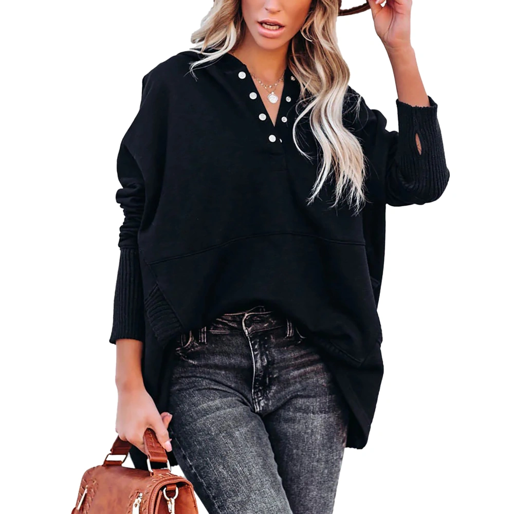 Women Button Front V Neck Sweatshirt Hooded Sweatshirt Casual Rib Cuff Loose Fit Sweatshirt Black M