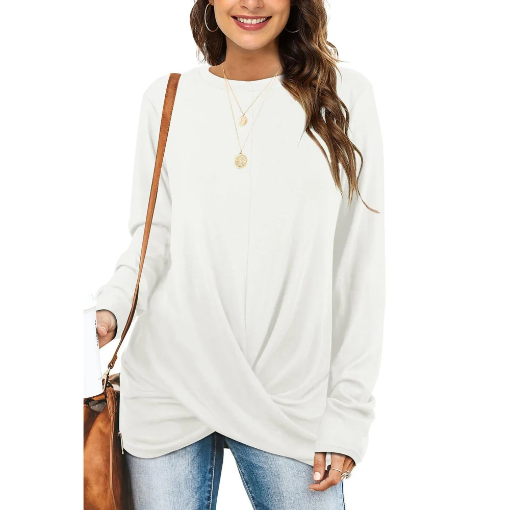 Blouse Long Sleeve Round Neck Pure Color Twist Knot Casual Comfortable Tops for Women White M