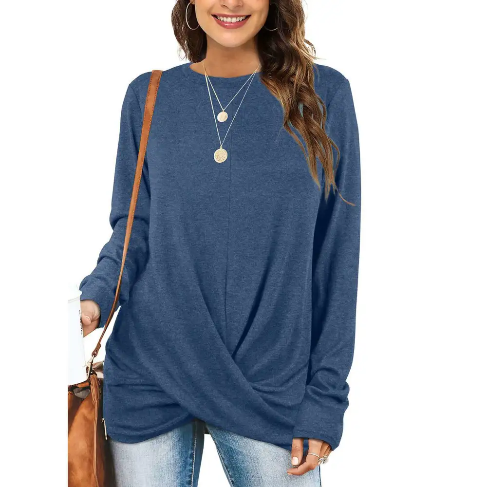 Blouse Long Sleeve Round Neck Pure Color Twist Knot Casual Comfortable Tops for Women Blue XL