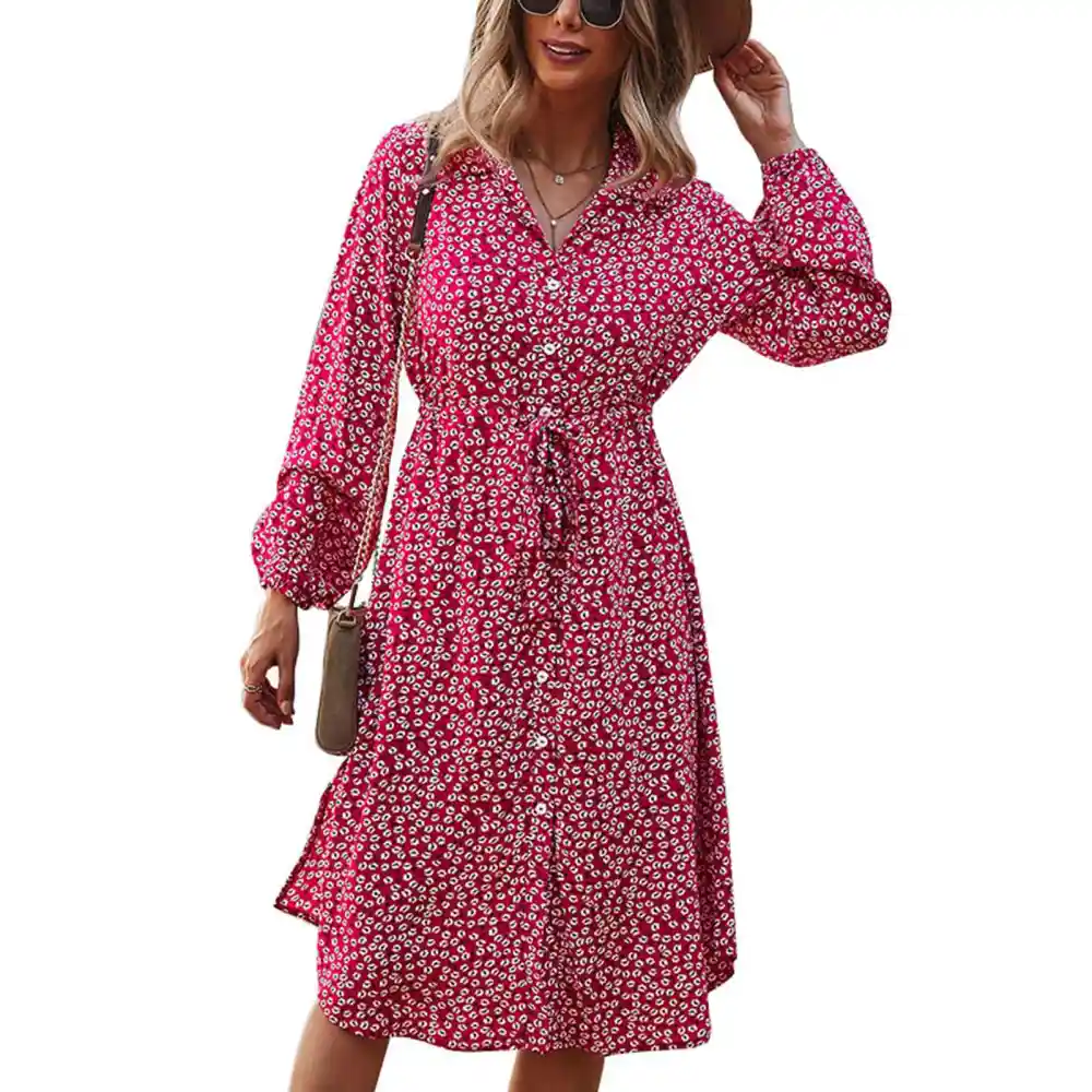 A Line Dress Long Lantern Sleeve Lapel Button Floral Print Elastic Drawstring Waist Dress for Women Red L