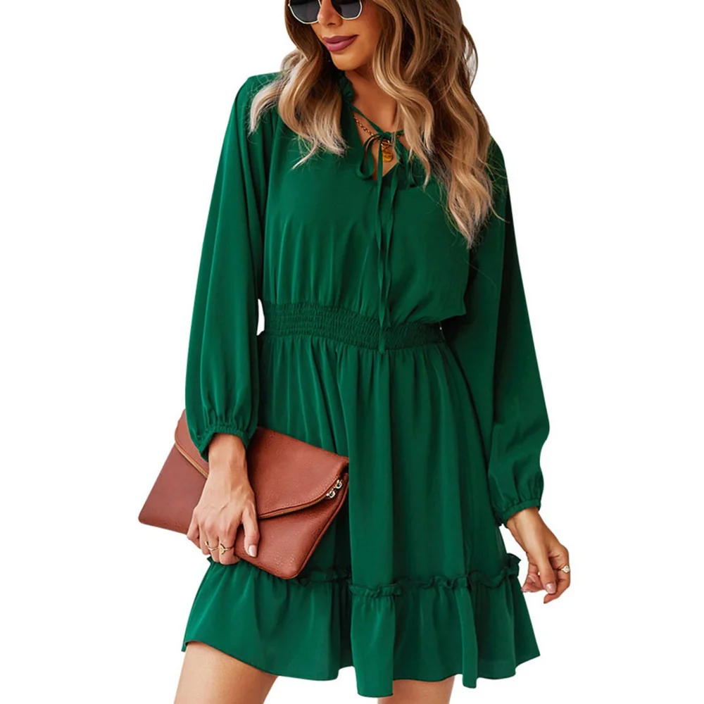 A Line Dress Pure Color Long Sleeve V Neck Elastic Waist Ruffled Hem Dress for Women Green XL