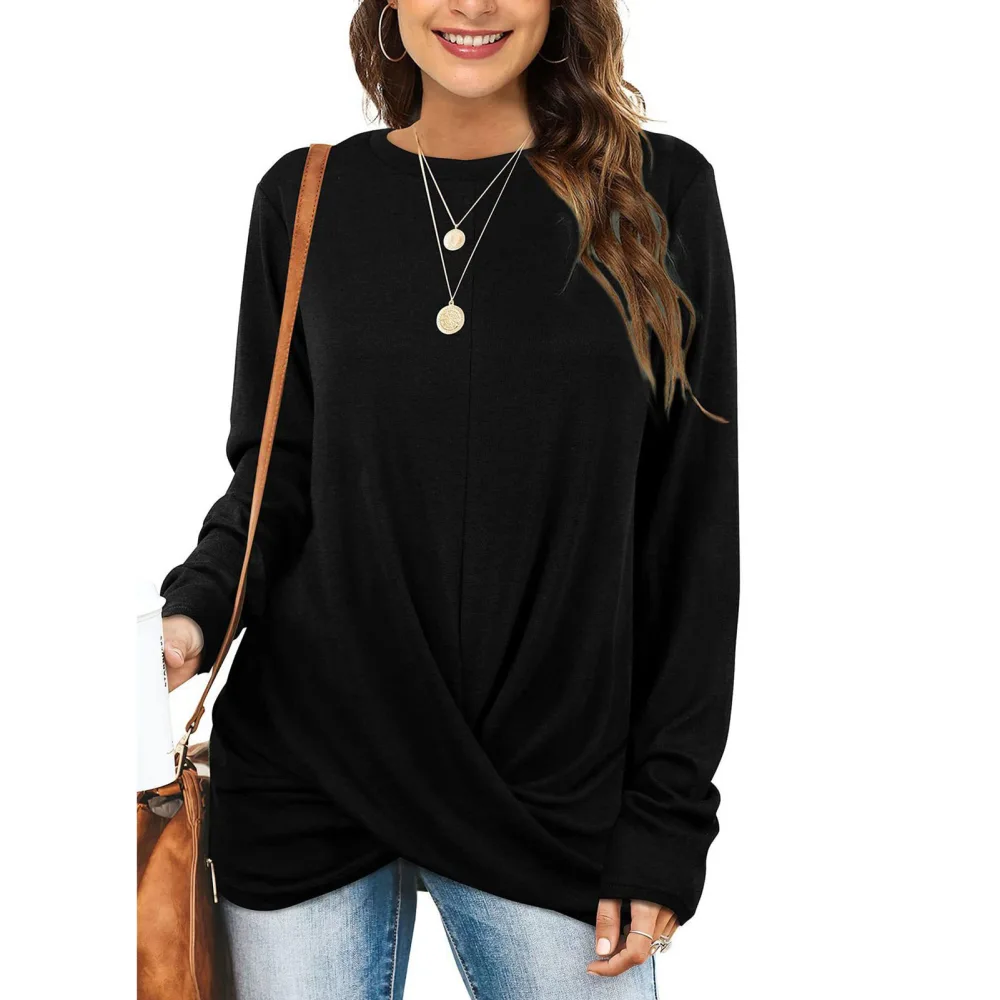 Blouse Long Sleeve Round Neck Pure Color Twist Knot Casual Comfortable Tops for Women Black M