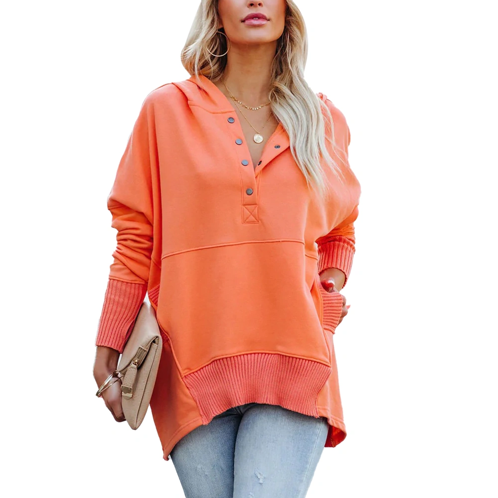 Women Button Front V Neck Sweatshirt Hooded Sweatshirt Casual Rib Cuff Loose Fit Sweatshirt Orange XL