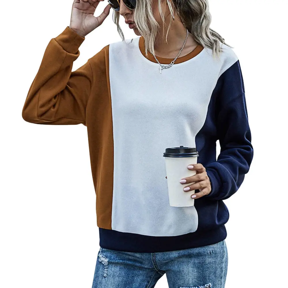 Women Casual Pullover Top Round Neck Drop Shoulder Long Sleeve Color Block Pullover Sweatshirt for Autumn Winter Brown and Navy Blue XL