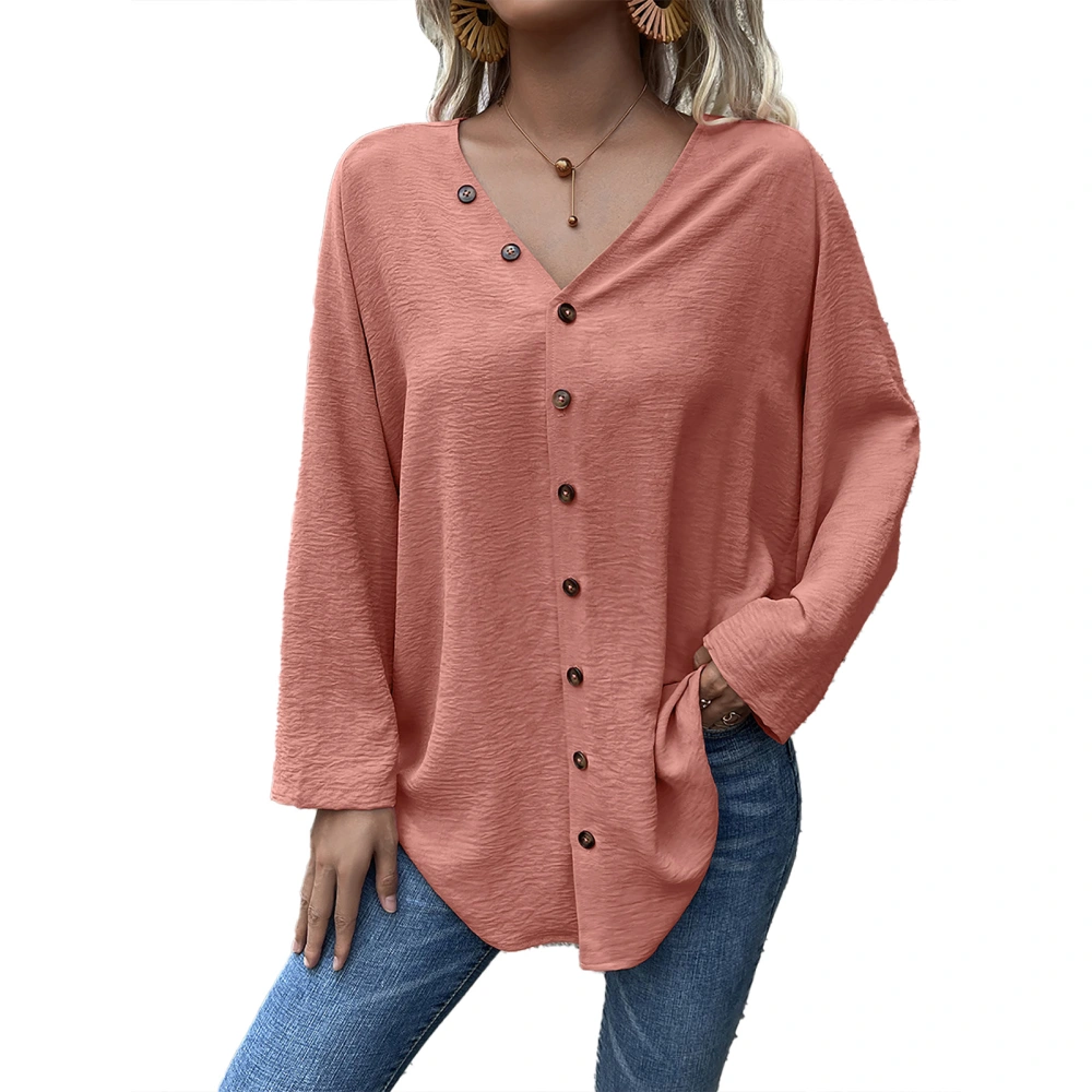 V Neck Button Down Long Sleeve T Shirt Solid Color Loose Hem Women Gifts for Party Shopping Work Pink M